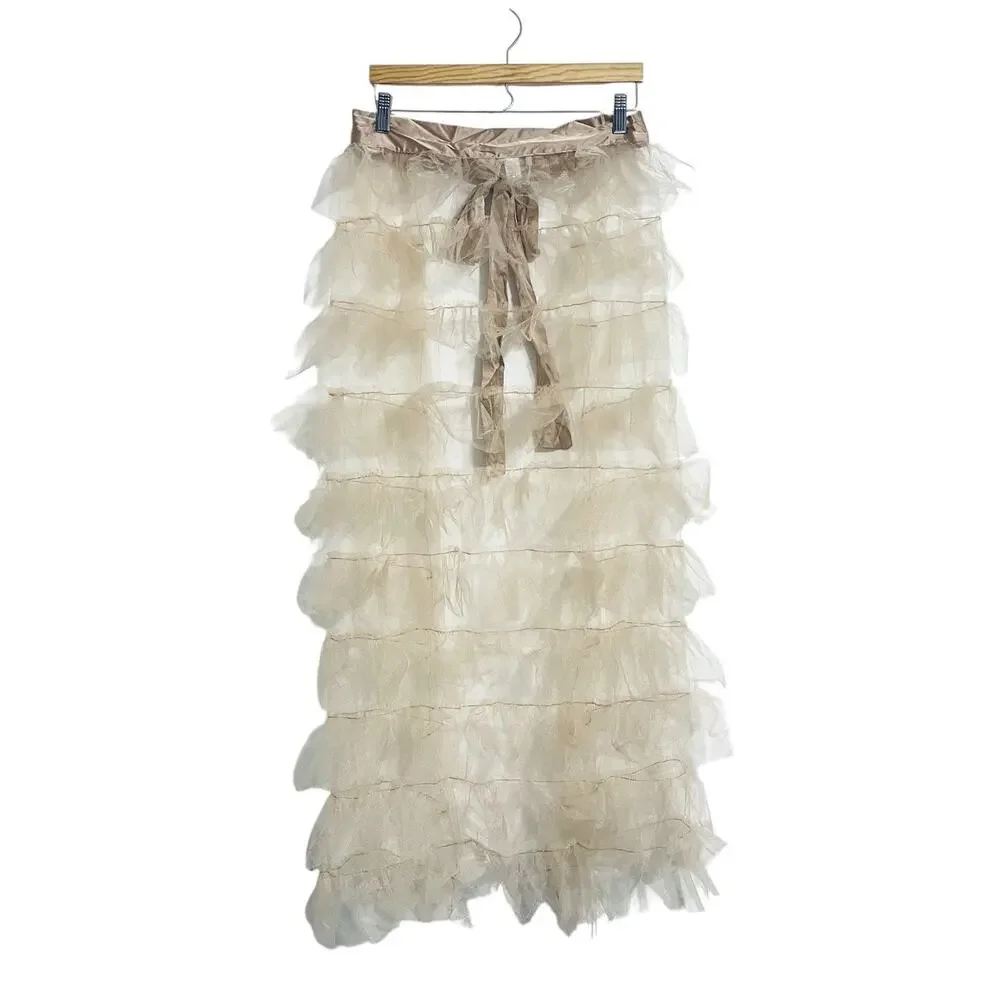 Tiered Tulle Ruffle Sheer Skirt Ribbon Tie Size M Cream Festival Coquette NWT